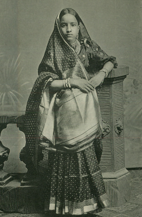 Young girl in Gujarati style sari, 1880.