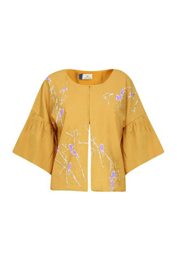 Show Shaa Yellow Birds Motifs Kimono Sleeves Cape